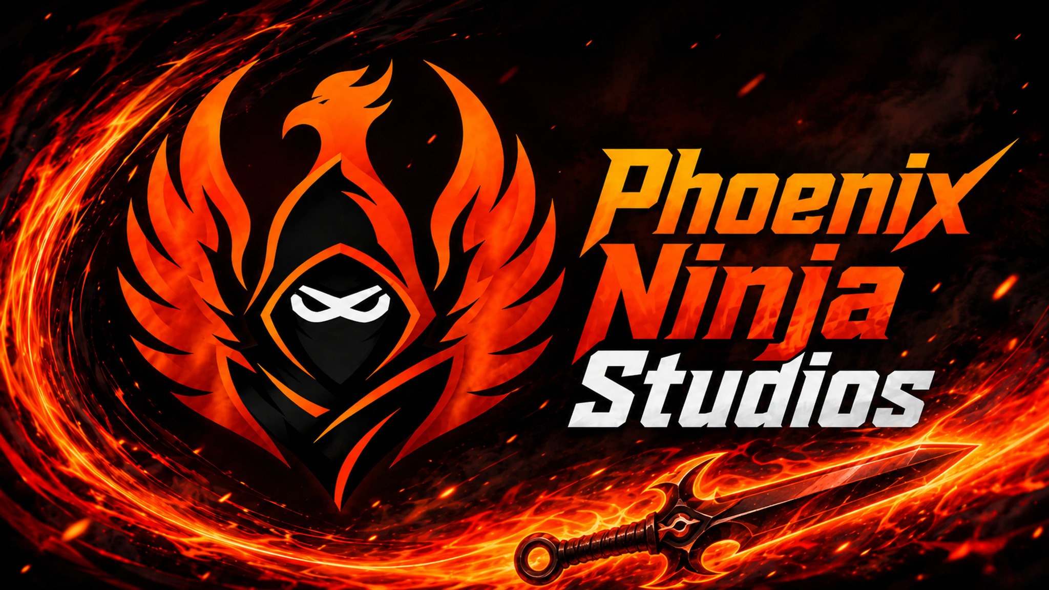 Phoenix Ninja Studios — phoenix and ninja emblem, encircled by fire with a flaming dagger